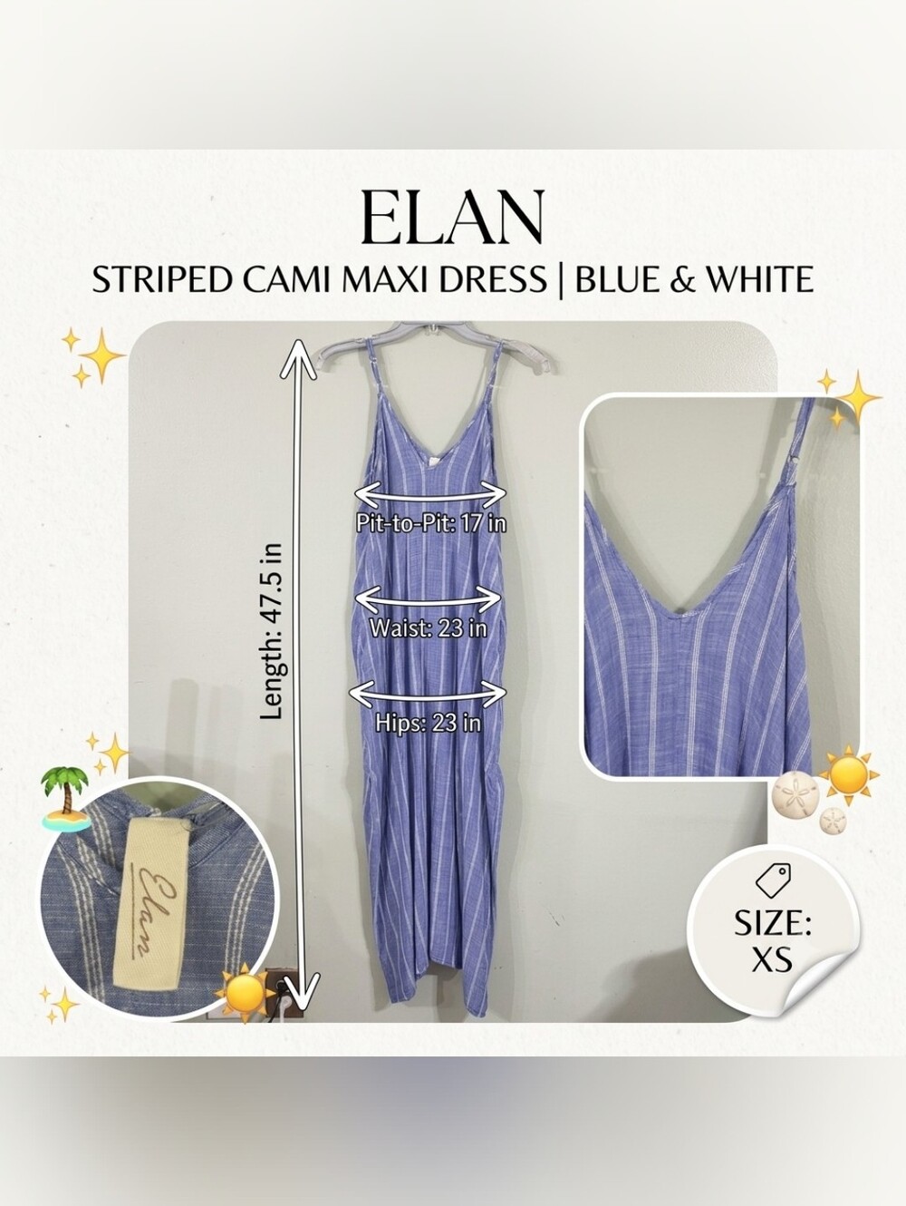🌊 Elan Striped Cami Maxi Dress Extra Small Blue & White 🌊